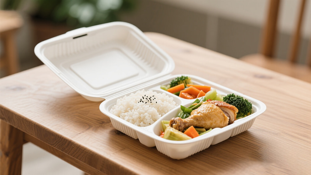 Disposable PP clamshell food container with hot rice, vegetables, and chicken, durable and microwave-safe, ideal for takeaway packaging.