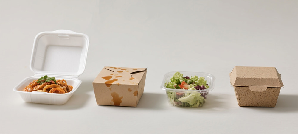 Comparison of takeout containers: PP clamshell box, paper food box, PET container, and bagasse box, showing differences in durability and performance.