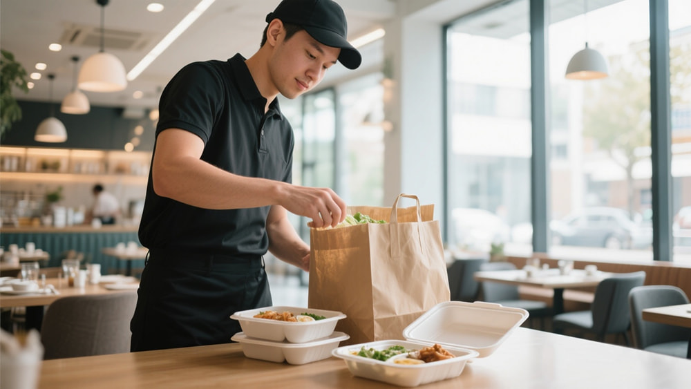 Food delivery worker placing PP clamshell boxes into a paper delivery bag, showcasing reliable and recyclable PP takeaway packaging.