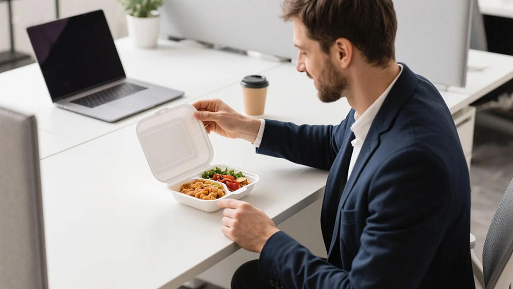 Customer opening a PP clamshell container with hot fresh food on an office desk, highlighting convenience and food safety for takeout meals.