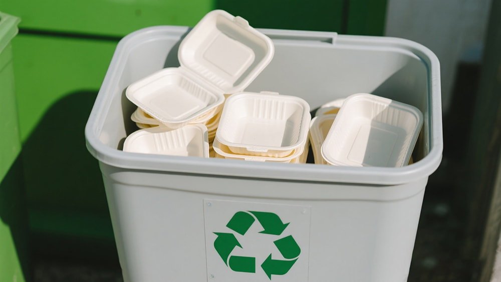 Used PP clamshell containers being recycled into a green bin with ♻️ symbol, promoting eco-friendly and sustainable food packaging solutions.