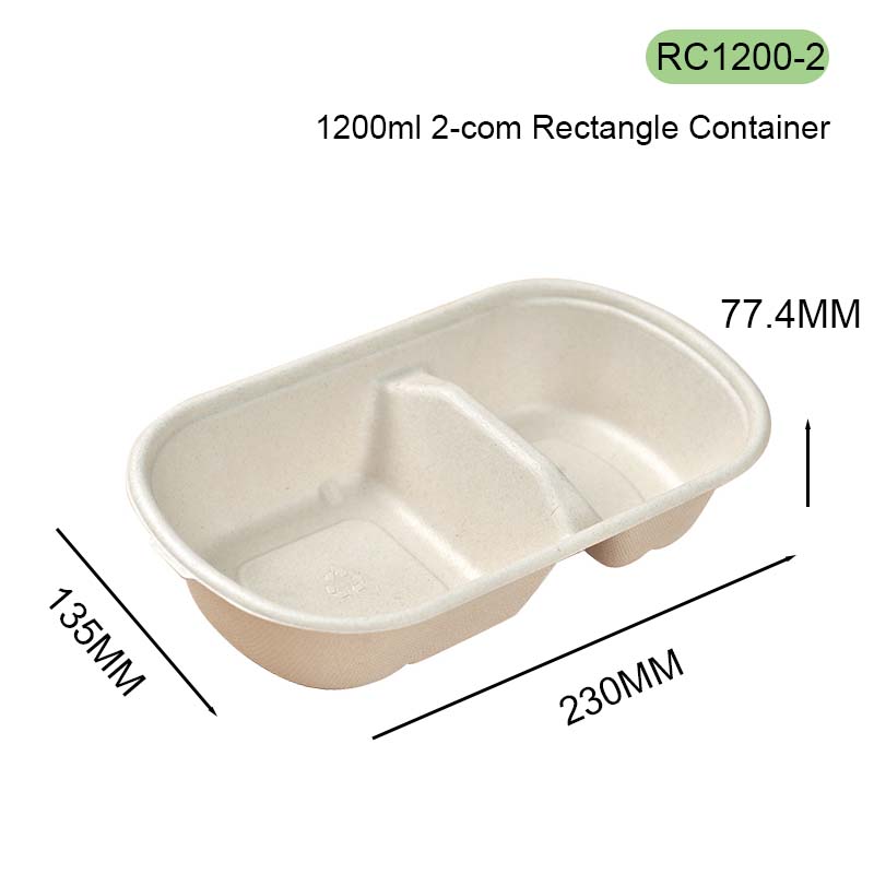 1200ml 2-com Rectangle Container bagasse lunch box