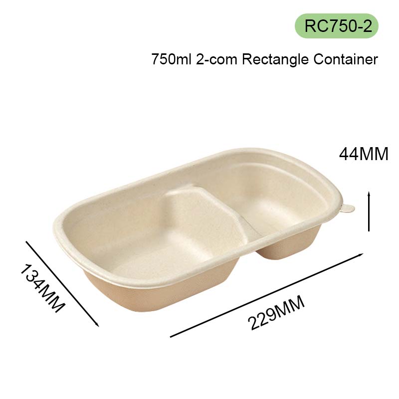 750ml 2-com Rectangle Container bagasse lunch box