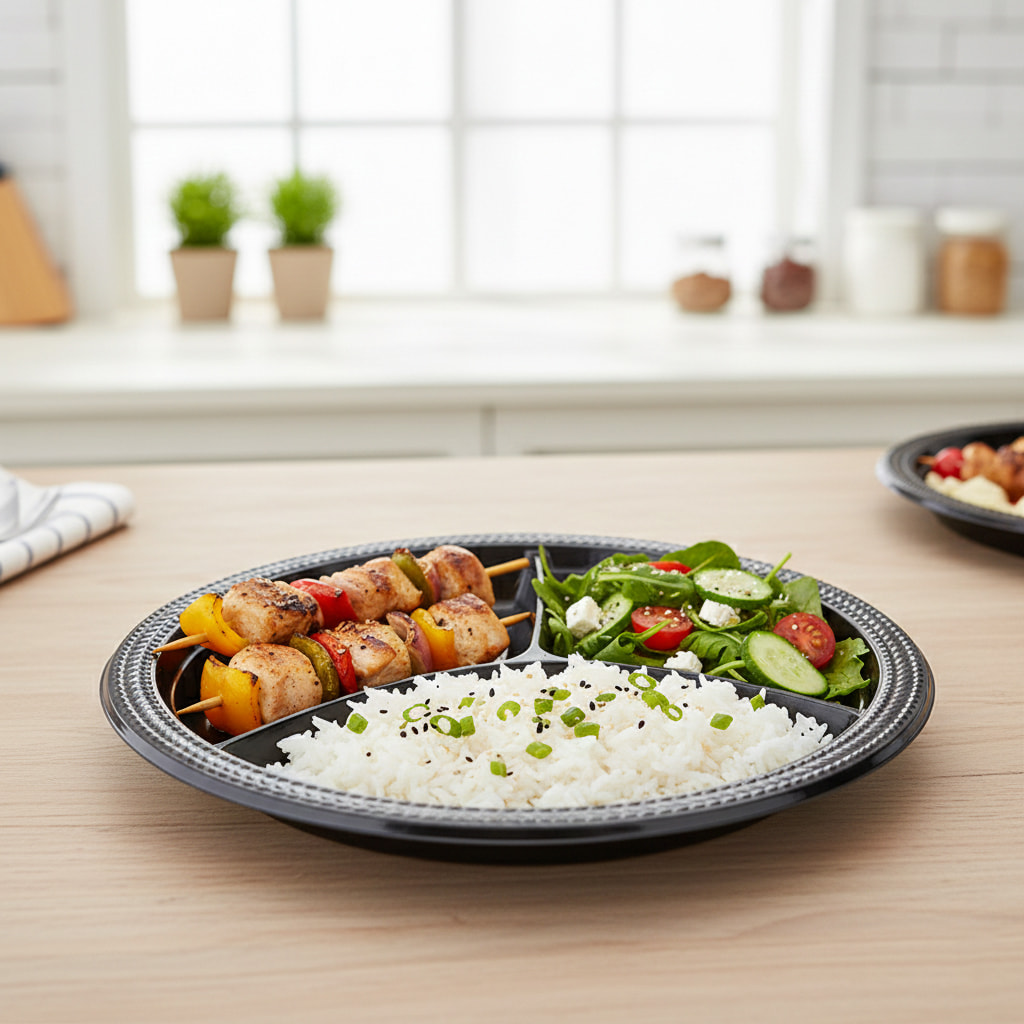 7.5 inch sectioned plate with different foods in compartments