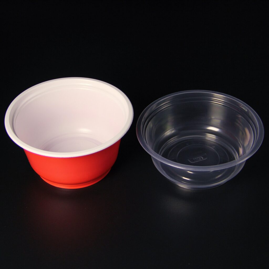 transparent and red bowl