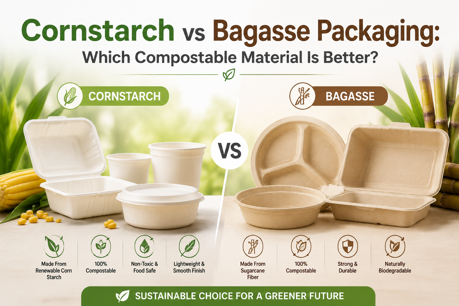Cornstarch vs Bagasse Packaging Which Compostable Material Is Better Cornstarch vs Bagasse Packaging Which Compostable Material Is Better
